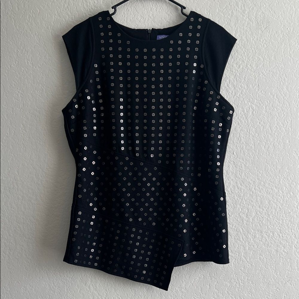Vivienne Tam Black Wool Blend Sleeveless Top with Metallic Sequins in M